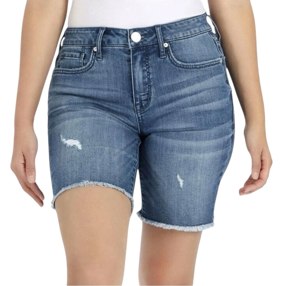 Seven7 Denim Blue Summer Bermuda Jean Shorts Frayed Hem Pocket Stitch Mid Rise